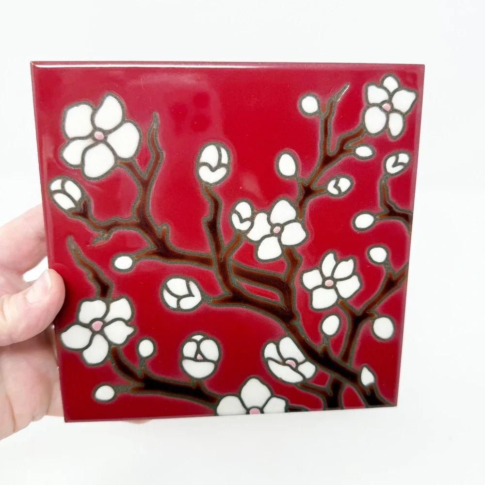 Carley Quinn Design Cherry Blossom Tile Art Trivet‎ Red